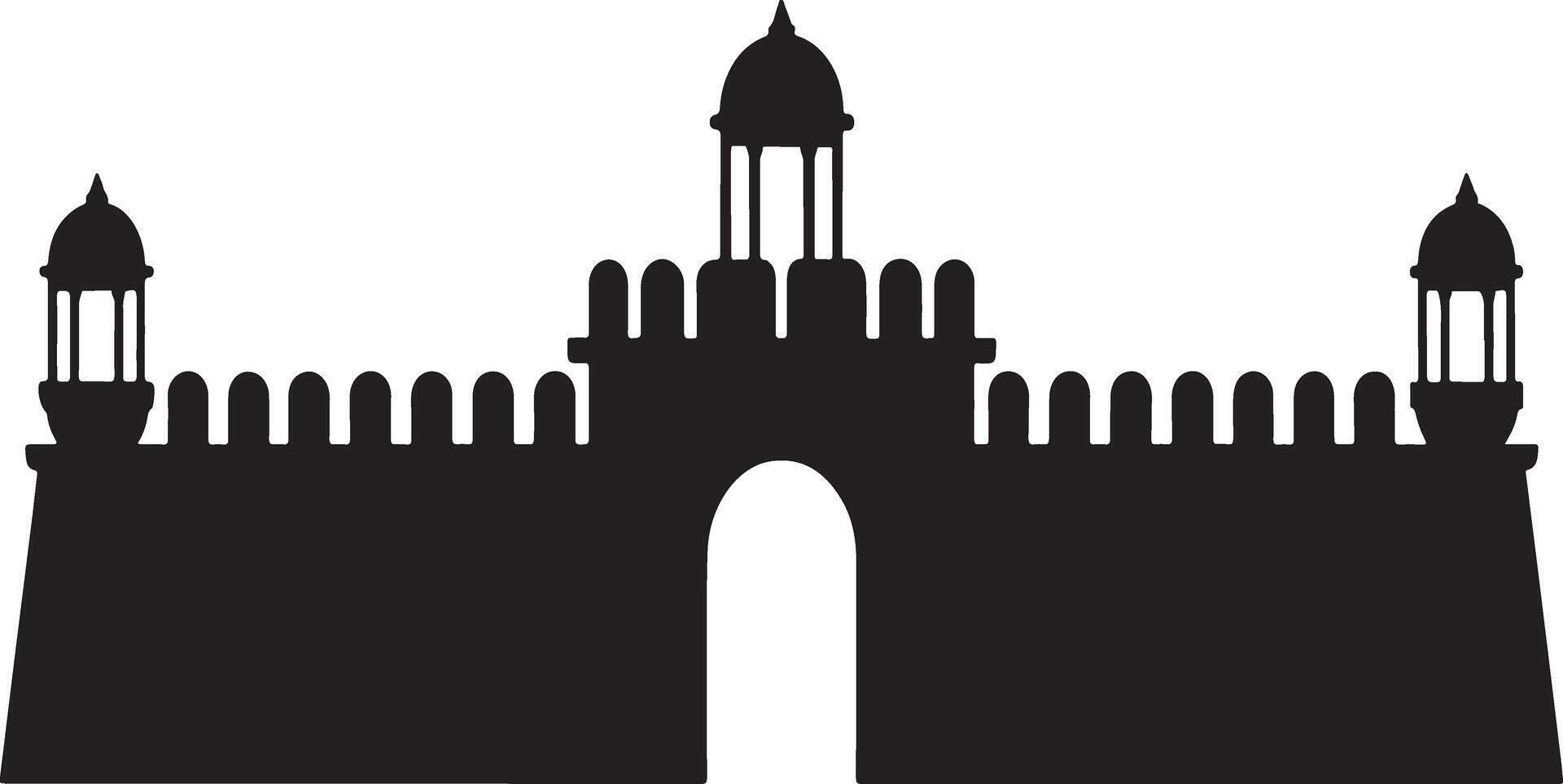 Black silhouette of an ancient fortress gate with towers. vector