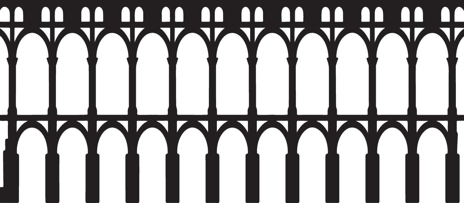 Black and white silhouette of a classic roman aqueduct or bridge architecture. vector