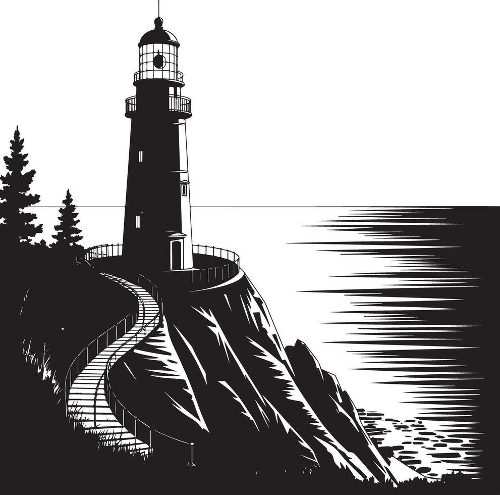 Lighthouse on a cliffside with winding staircase isolated on white background. vector