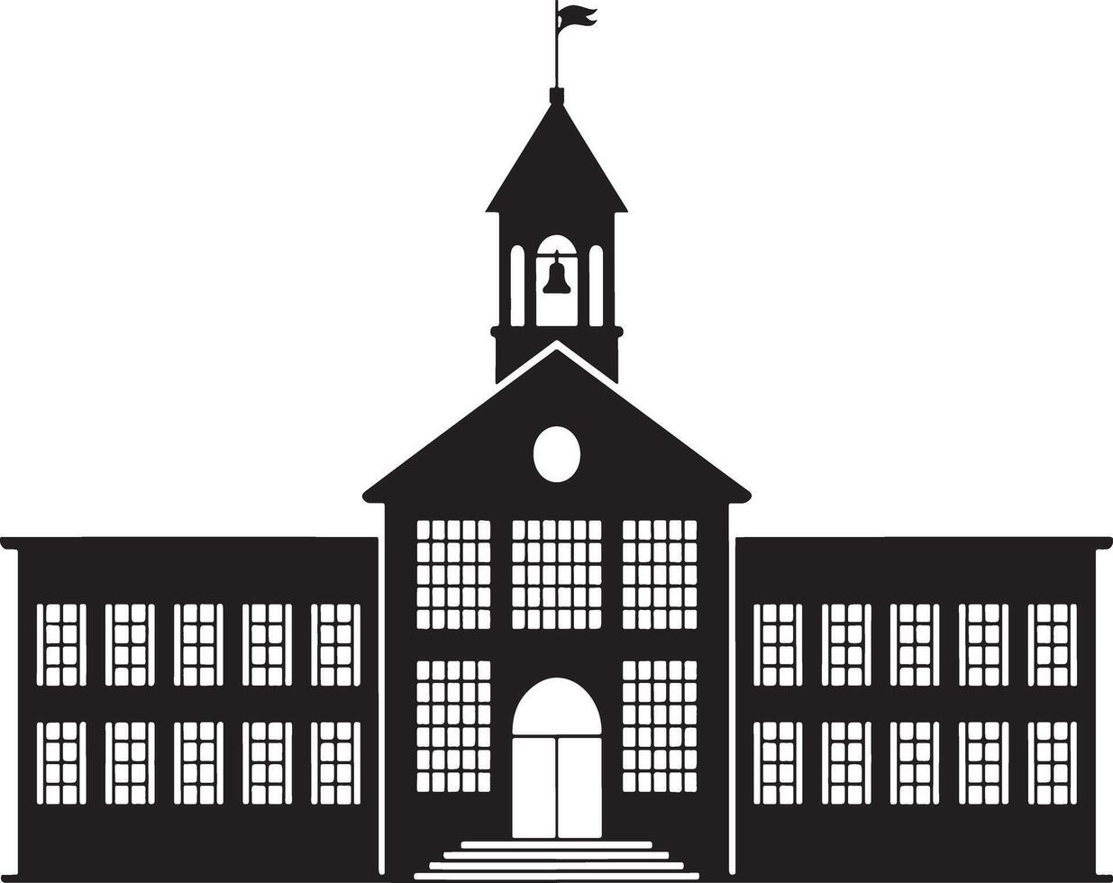 Black and white silhouette of a classic school building with a be.ll tower and flag vector