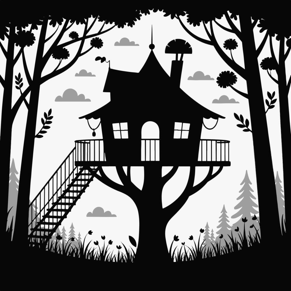Black silhouette treehouse in forest isolated on white background. vector