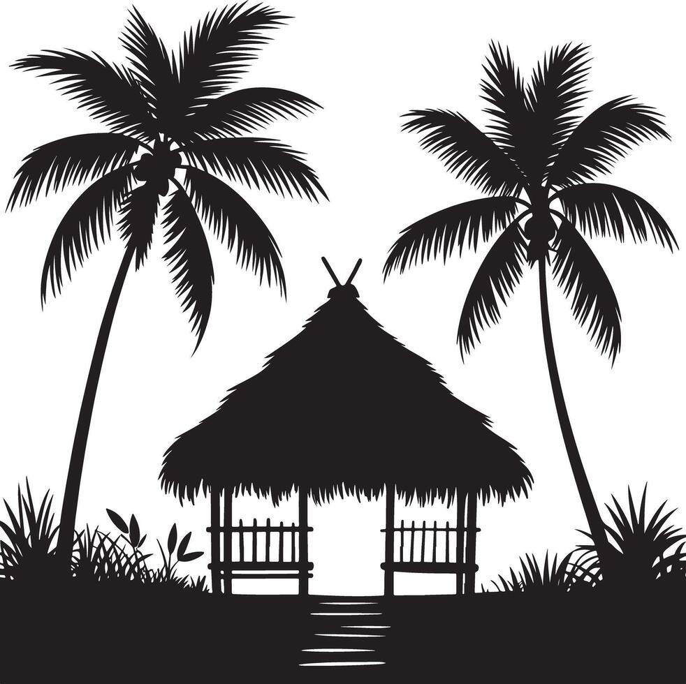 Tropical hut silhouette with palm trees isolated on white background. vector
