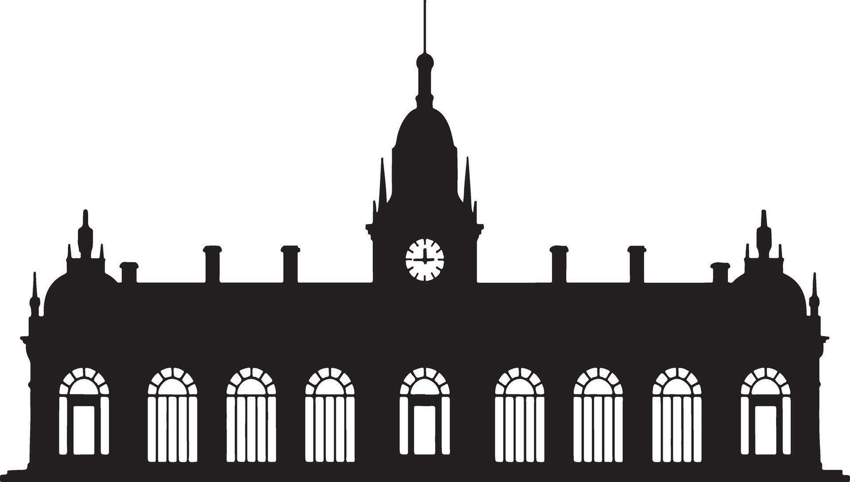 Silhouette of a grand historical building with a clock tower and arched windows. vector