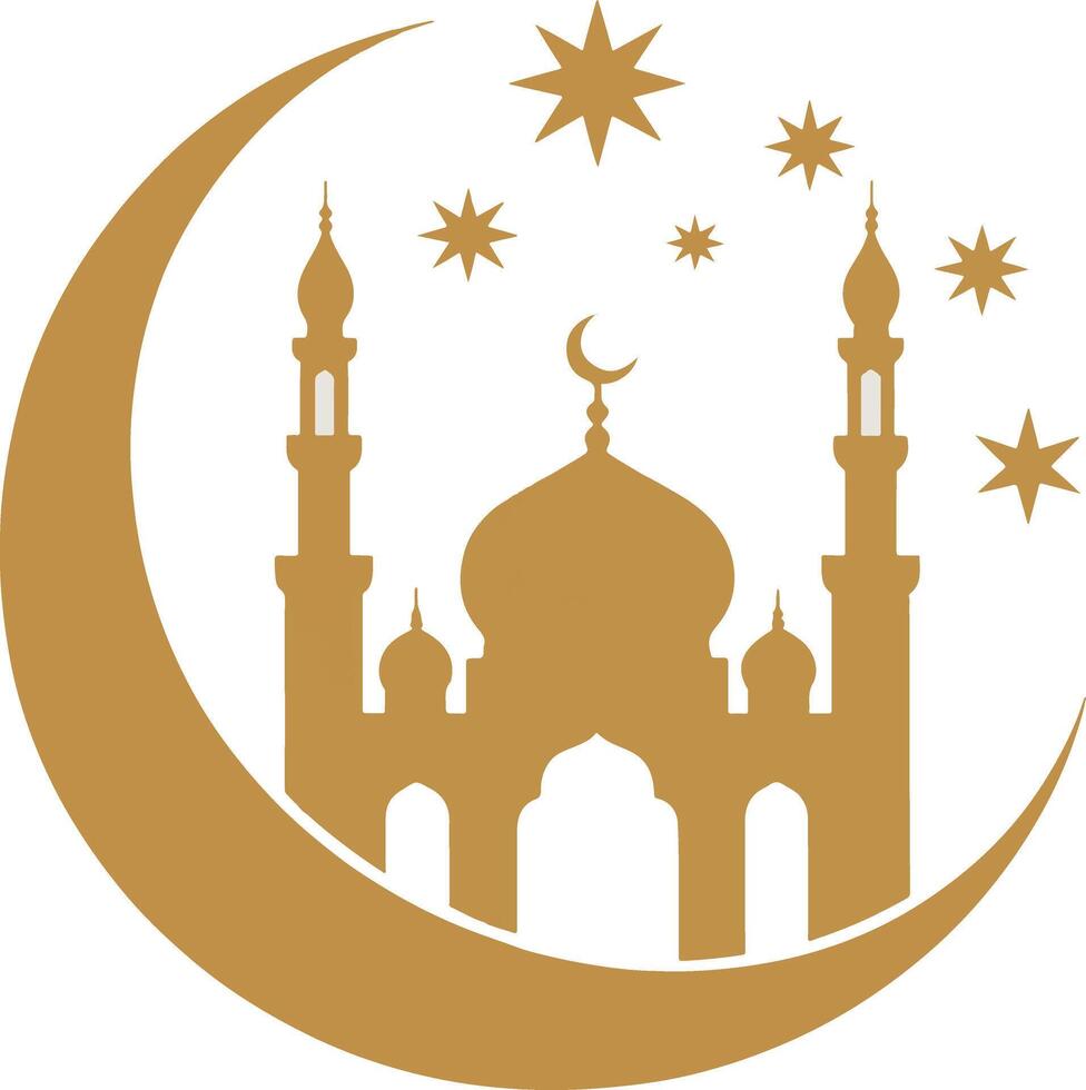 Golden mosque silhouette with crescent moon and stars. vector