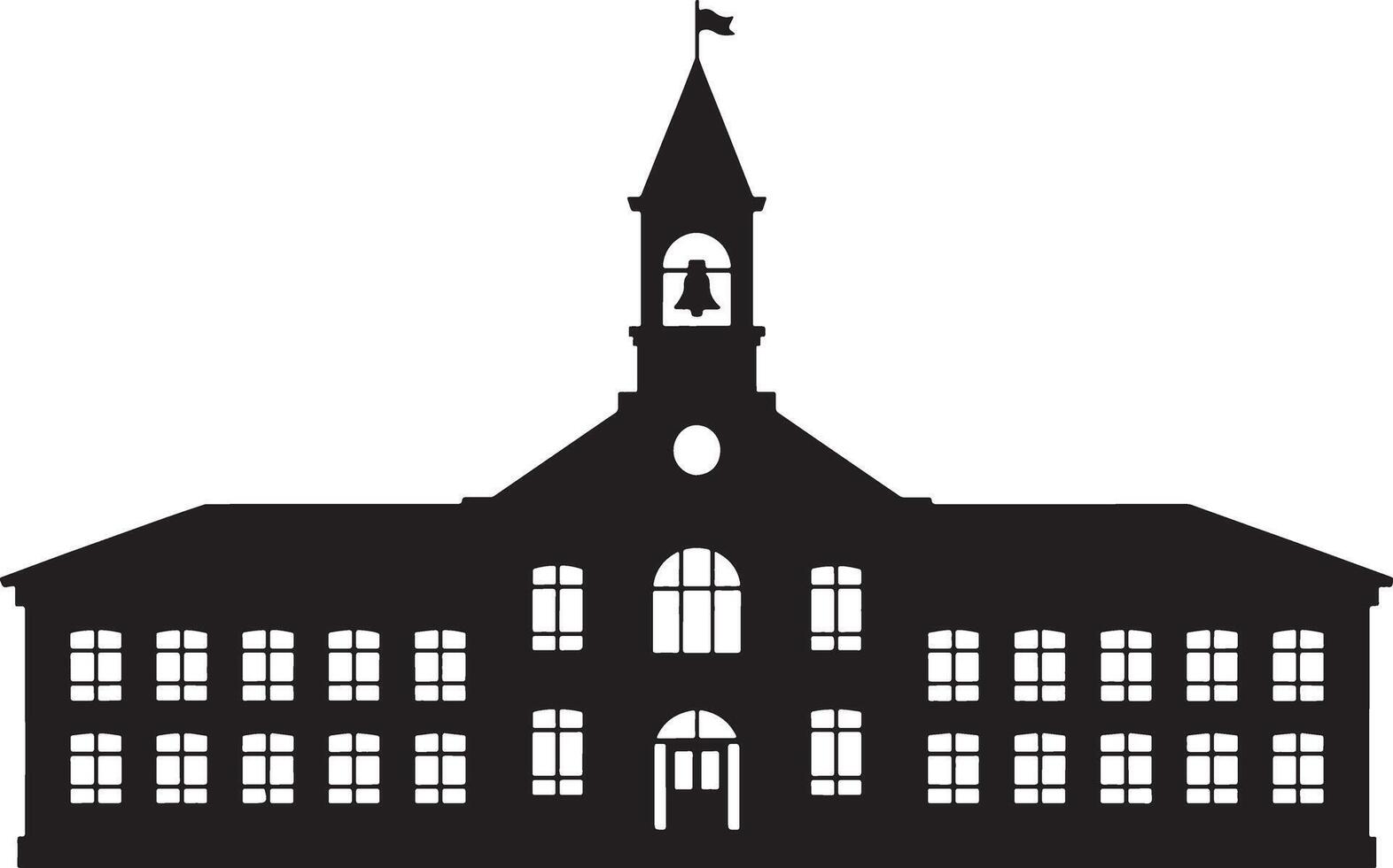 Black Silhouette School Building Bell Tower, Windows, Education. vector