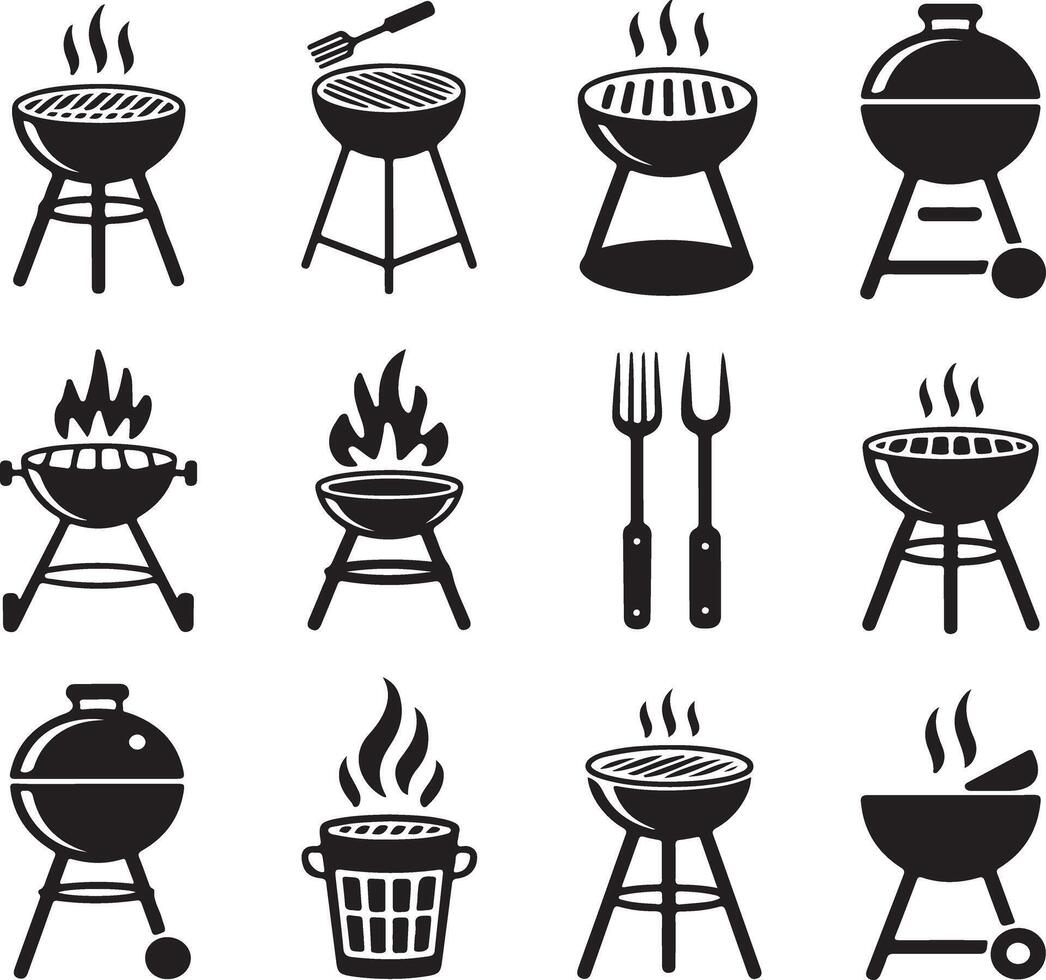 Barbecue Grill Icons Smoking Grills, Utensils, and Fire. vector