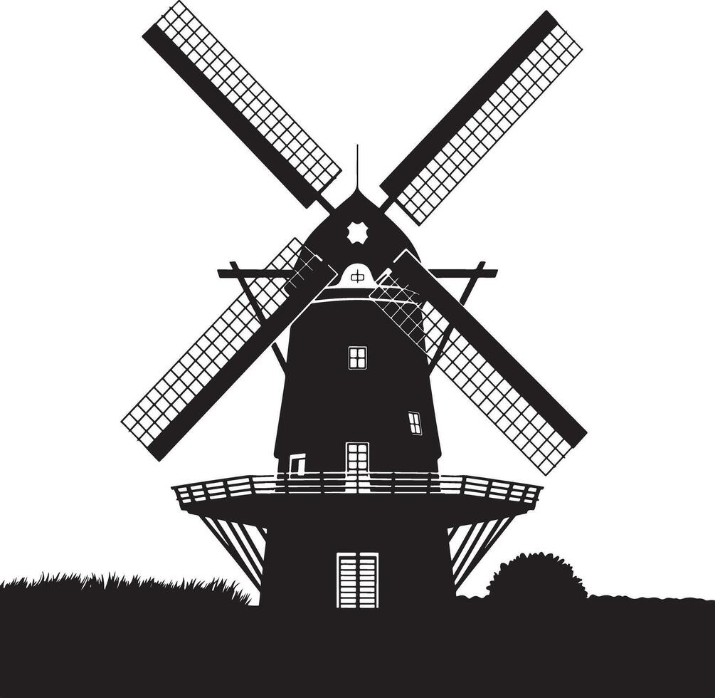 Black silhouette of a windmill isolated on white background. vector