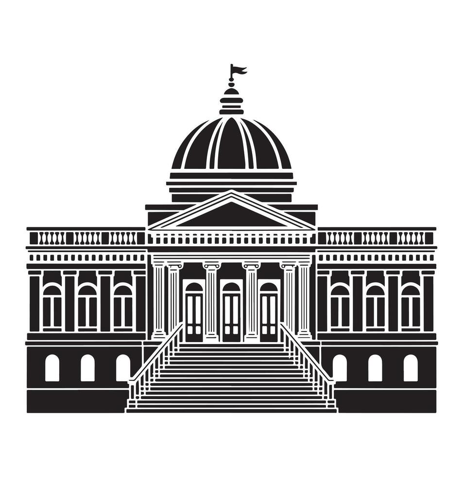 Grand Neoclassical Building Columns, Dome, Flag, Staircase, Windows. vector