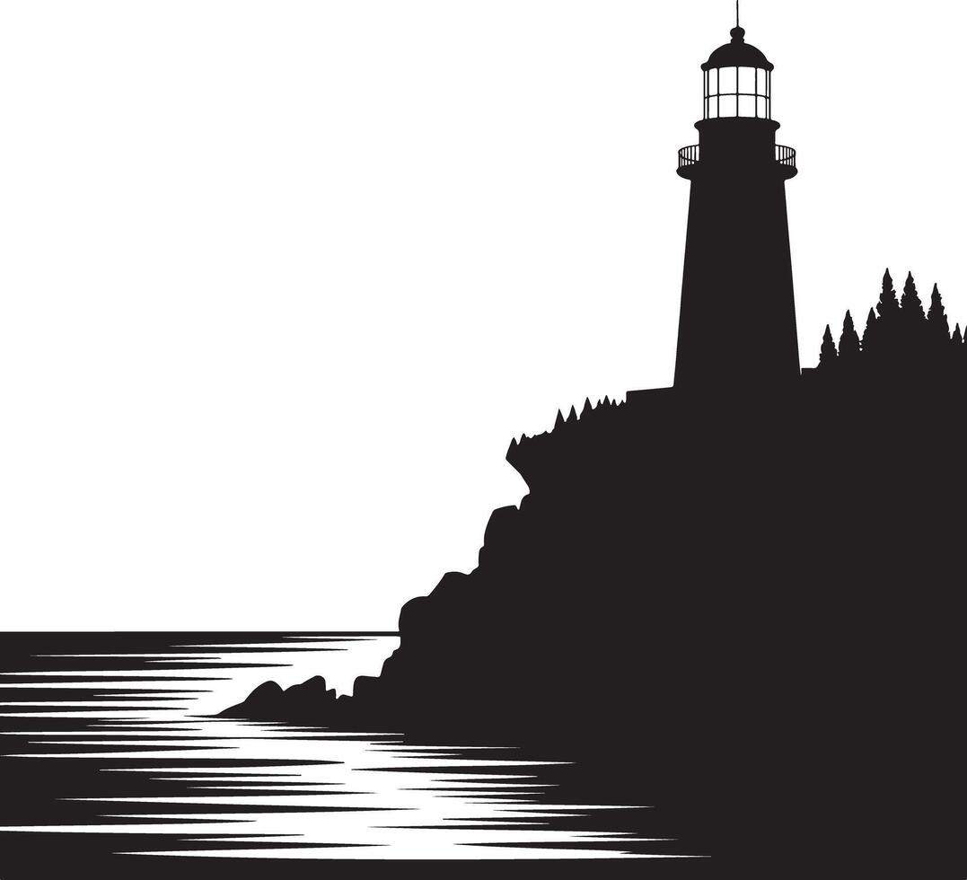 Lighthouse silhouette on a cliff coastline isolated on white background. vector