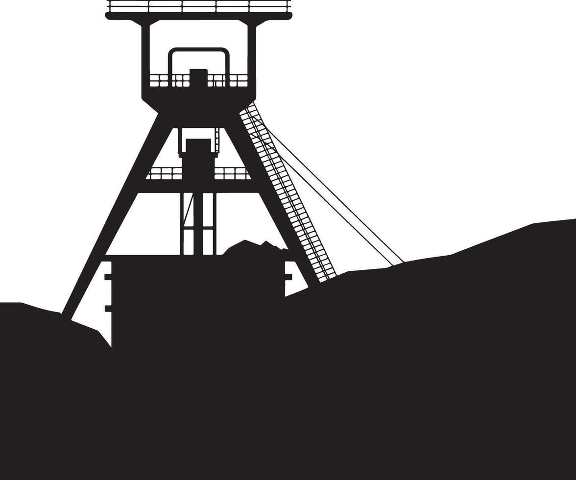 Black and white silhouette of a mine headframe against a coal mine background. vector