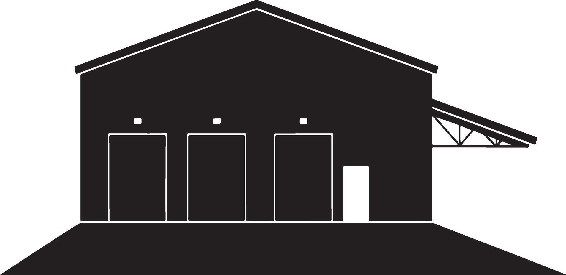 Black silhouette of a warehouse building with three large doors and a loading dock. vector