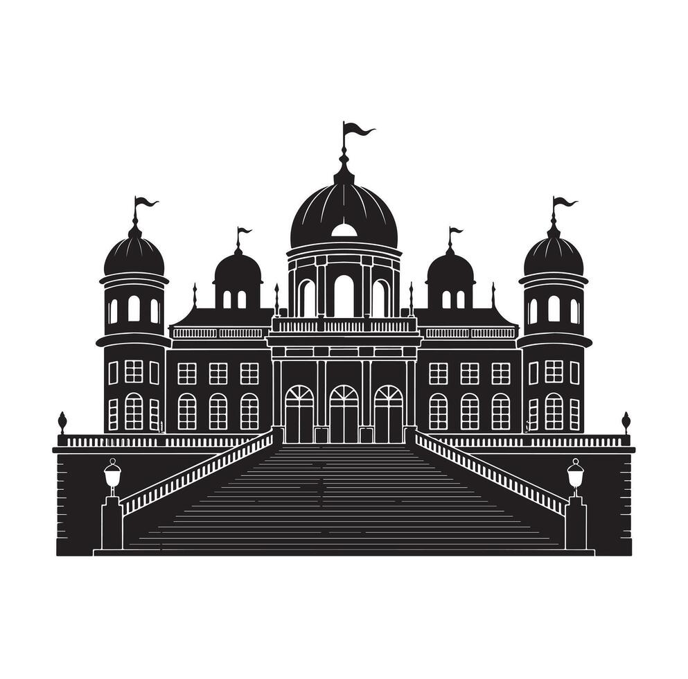 Black silhouette of grand palace with wide stairs isolated on white background. vector