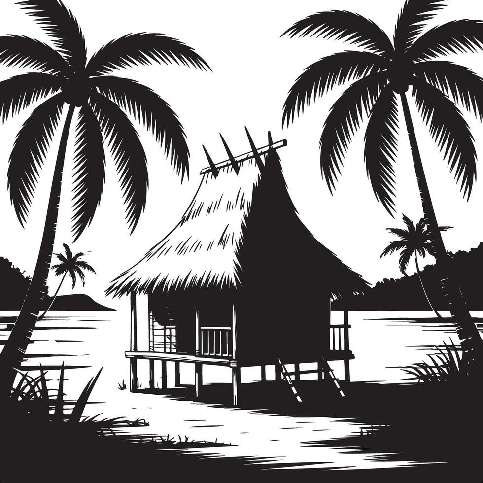 Tropical hut silhouette on the beach isolated on white background. vector