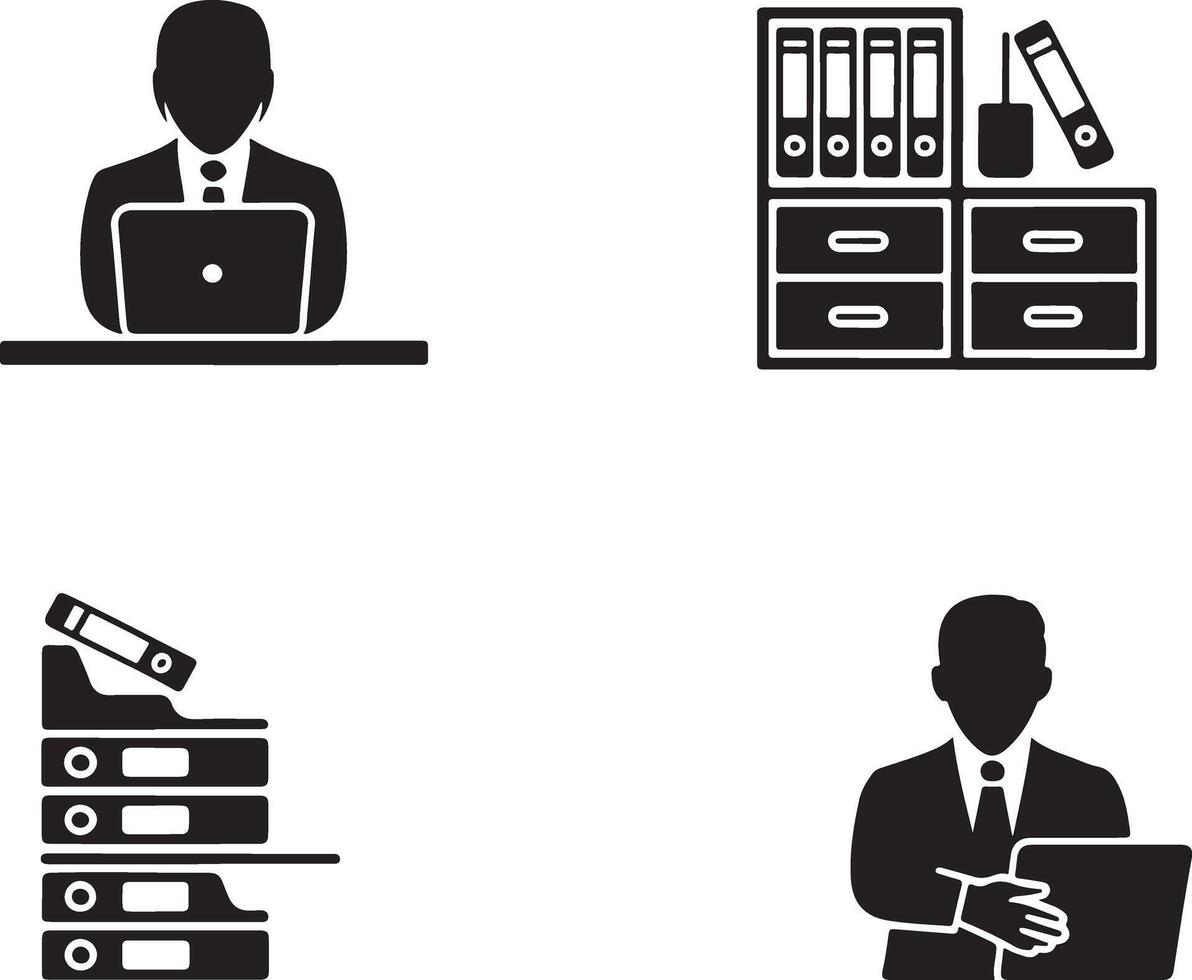 Businessman icons set work laptop desk files. vector
