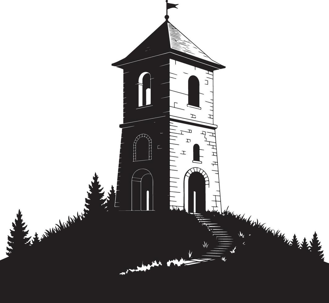 Stone tower on hilltop with trees silhouette isolated on white background. vector