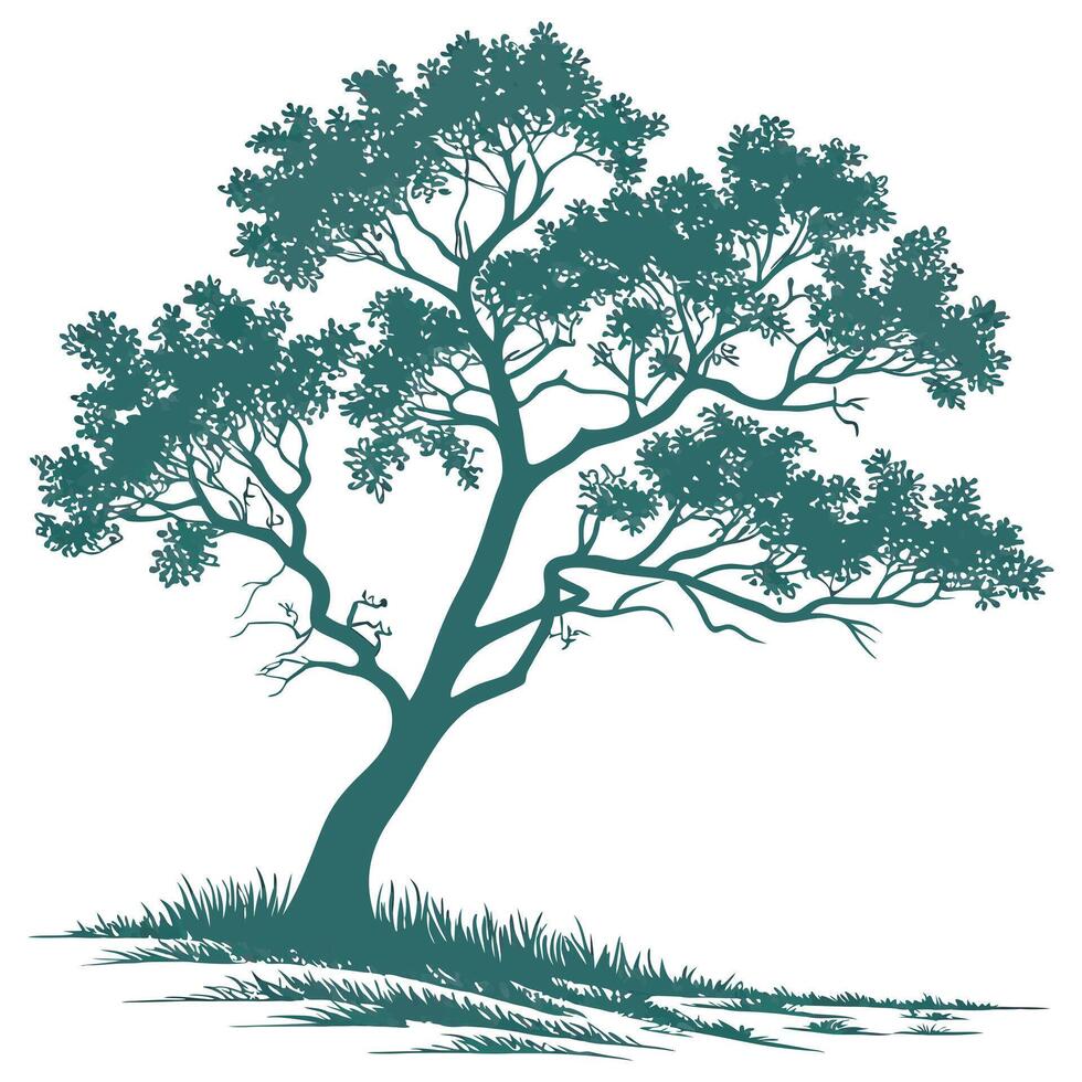 Silhouette of a tree with grass isolated on white background vector