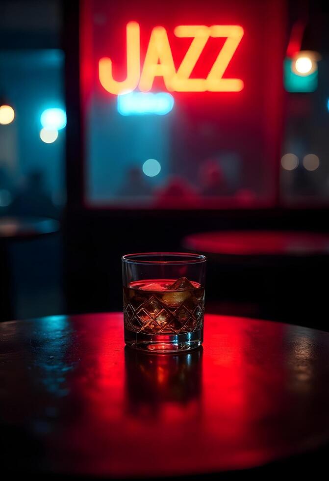 A glass of whiskey sits on a table in front of a jazz sign photo