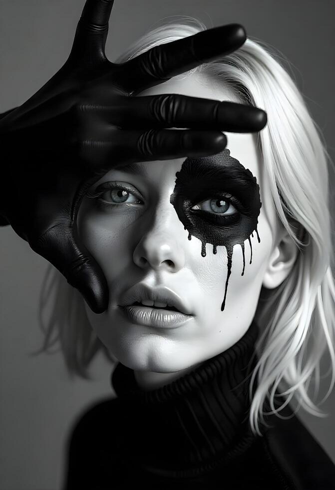 A woman with black makeup and a black eye photo