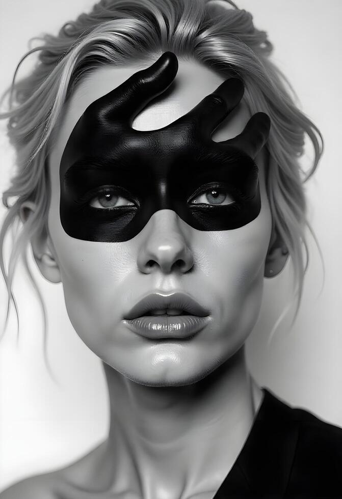 A woman with black and white makeup and a black mask photo