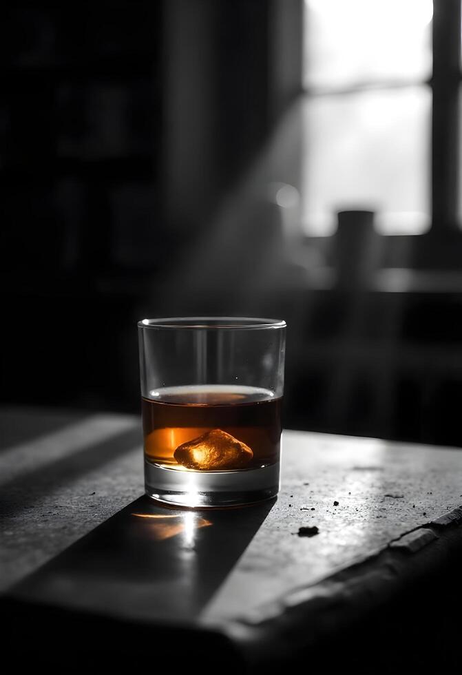 A glass of whiskey on a table in the sunlight photo
