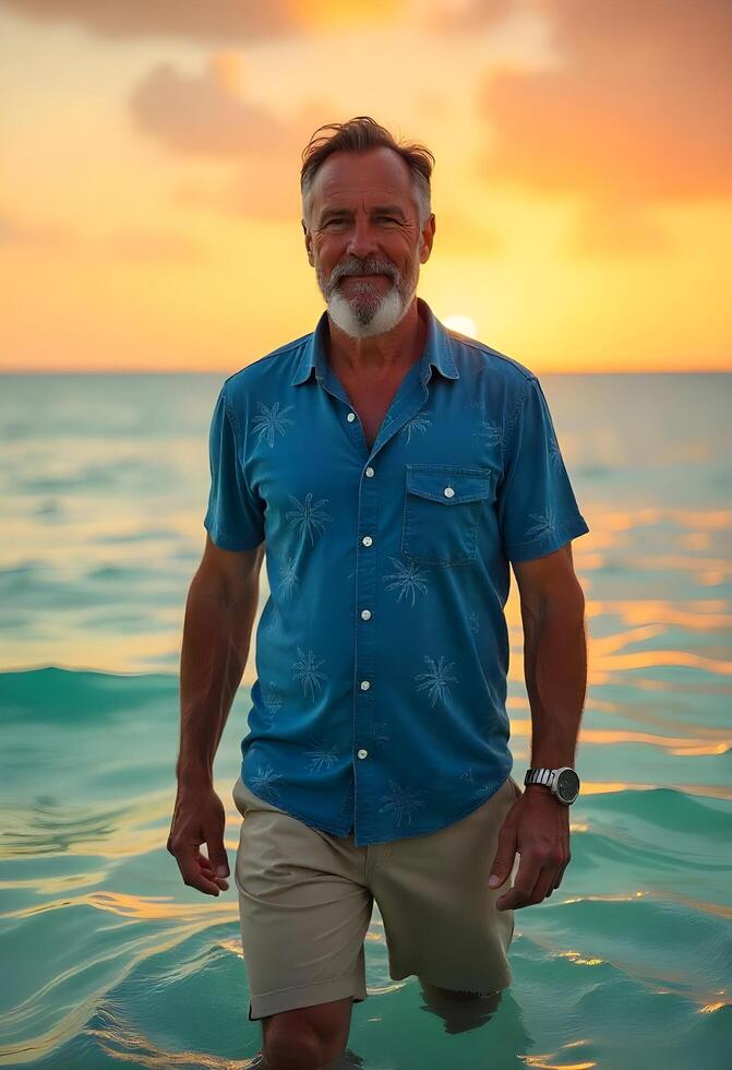 A man in a blue shirt standing in the ocean photo