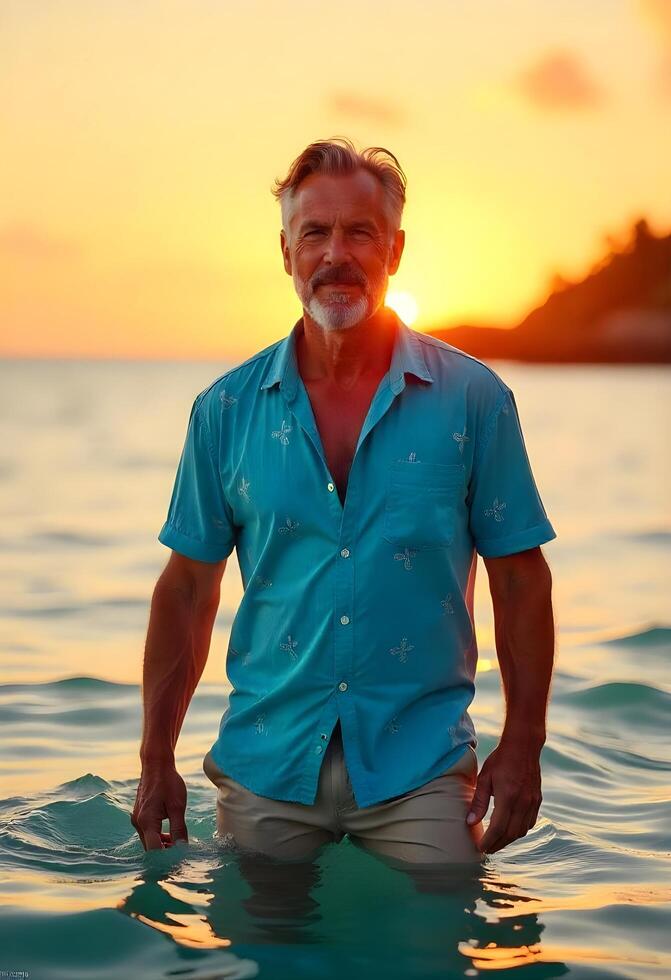 A man standing in the water at sunset photo