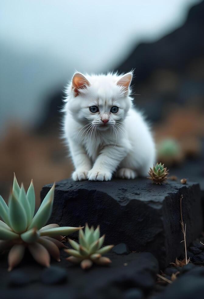 A white kitten sitting on top of a rock photo