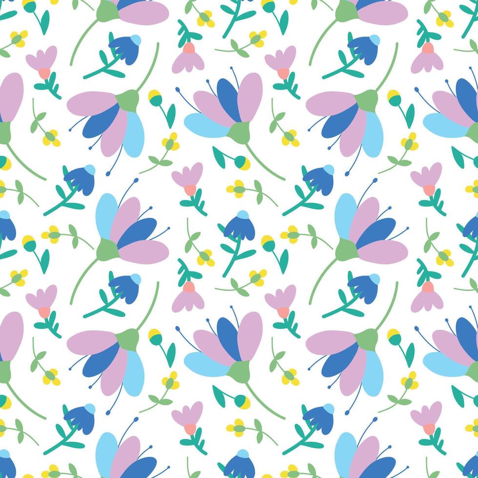 Flowers with a seamless pattern. Naive flowers and leaves, hand-drawn, textile design for summer holidays, wallpaper, background, print. vector