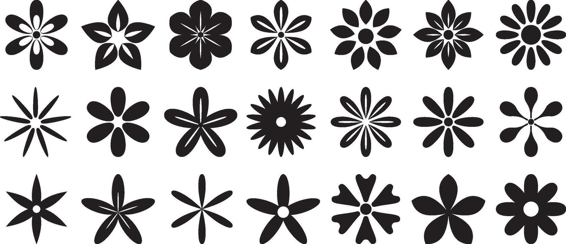 Minimalist black flower icons and botanical shapes in format vector