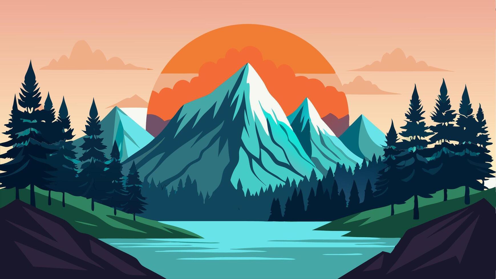 Sunset Mountain Lake Landscape Scenic View with Pine Trees vector