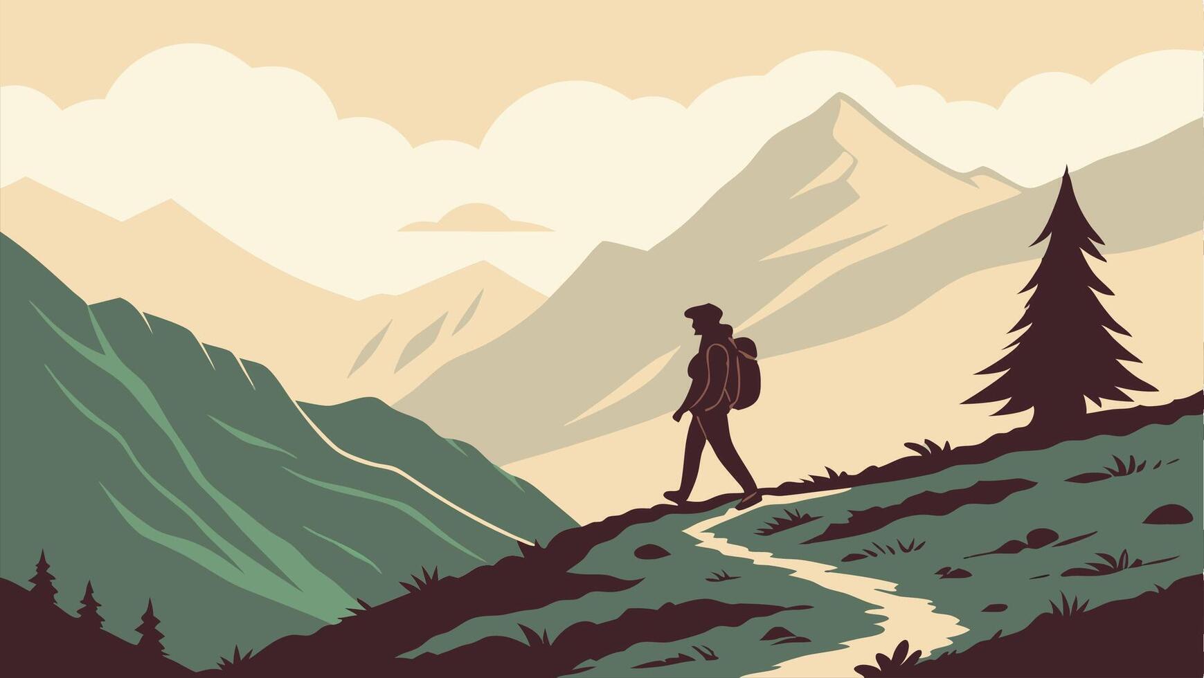 Hiker Silhouette on Mountain Trail, Hiking Adventure vector