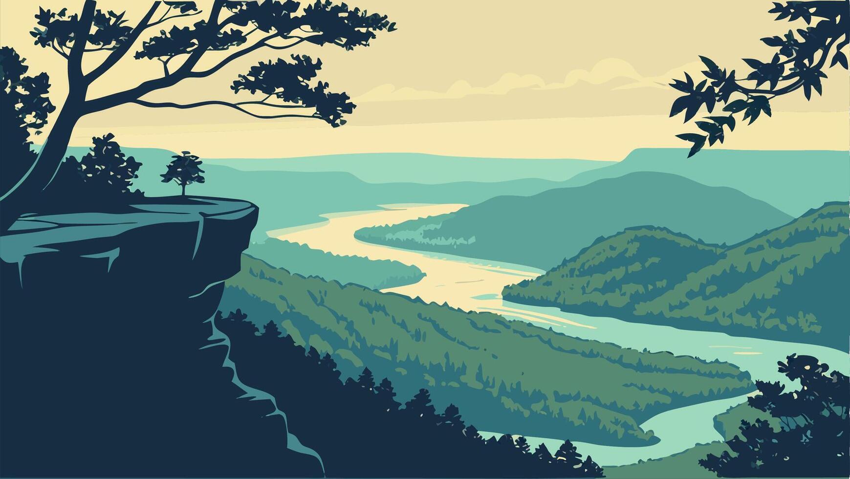 Scenic River Valley Vista from Clifftop Panoramic Landscape vector