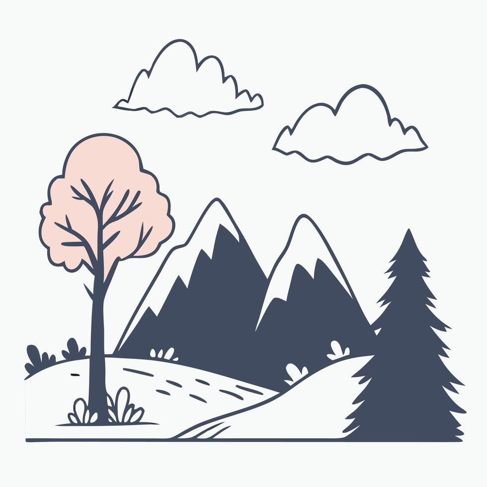Cute Hand Drawn Mountain Landscape Illustration vector