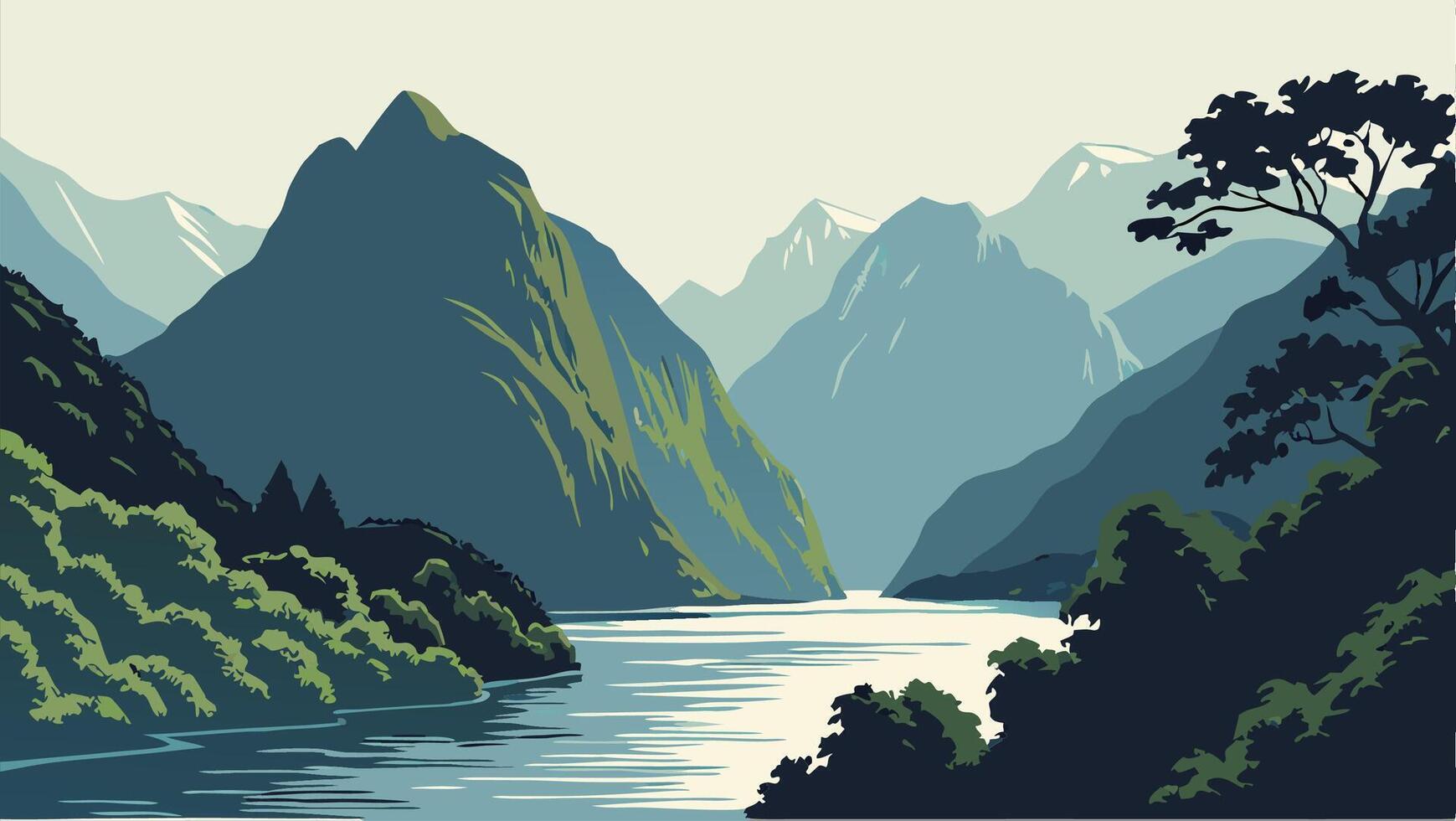 Serene Fjord Landscape Mountains, River, and Lush Greenery vector