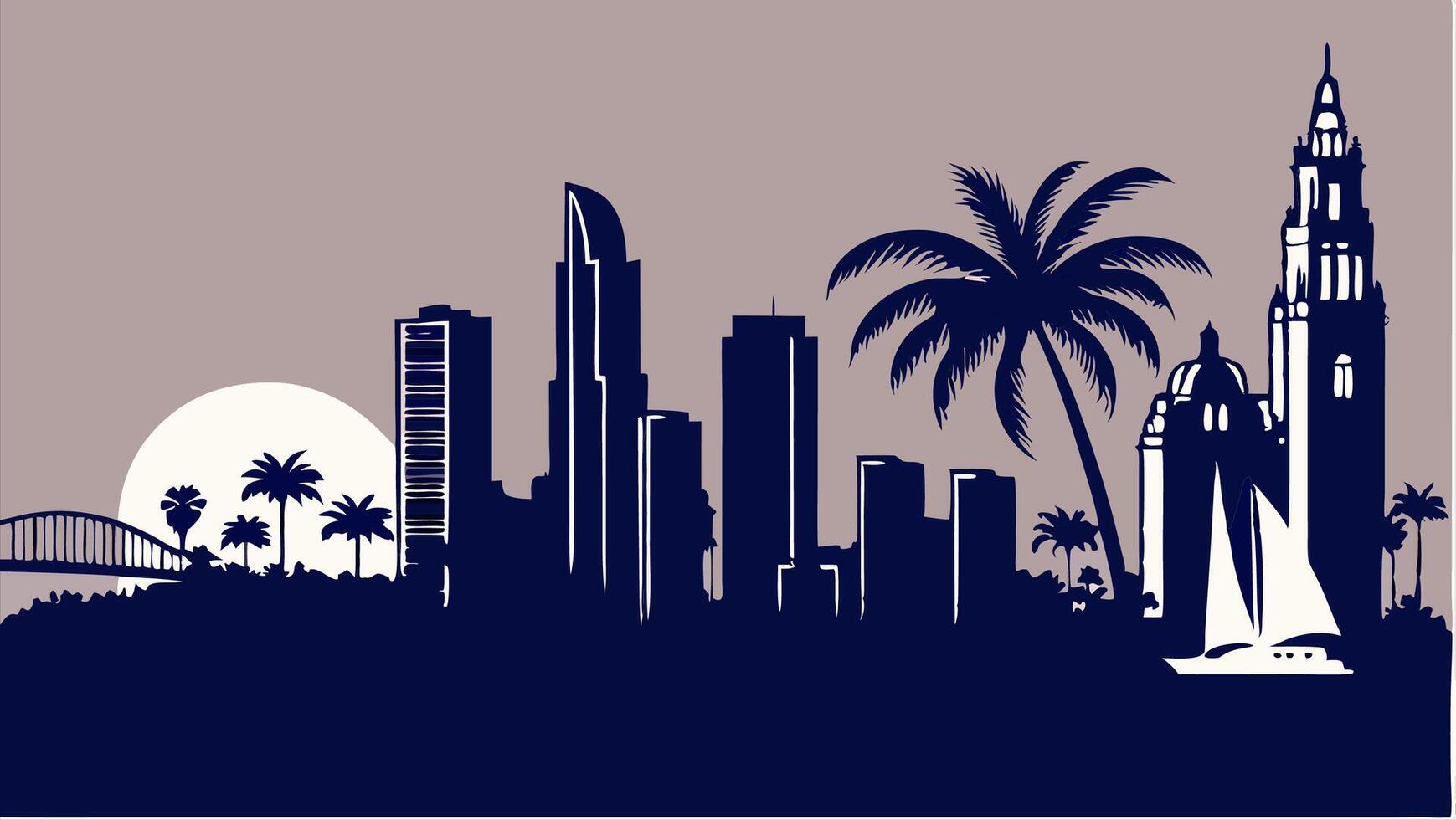 San Diego Skyline Silhouette Cityscape with Palm Trees and Sunset vector