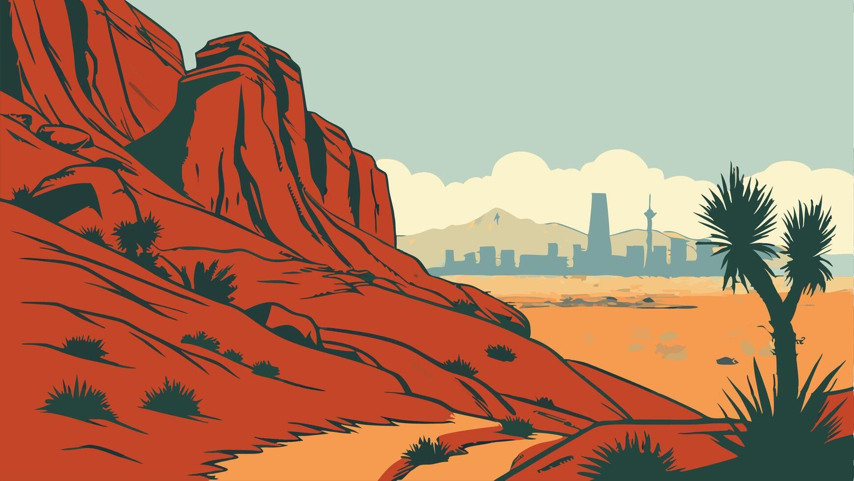 Red Rock Canyon Landscape with City Skyline in Background vector