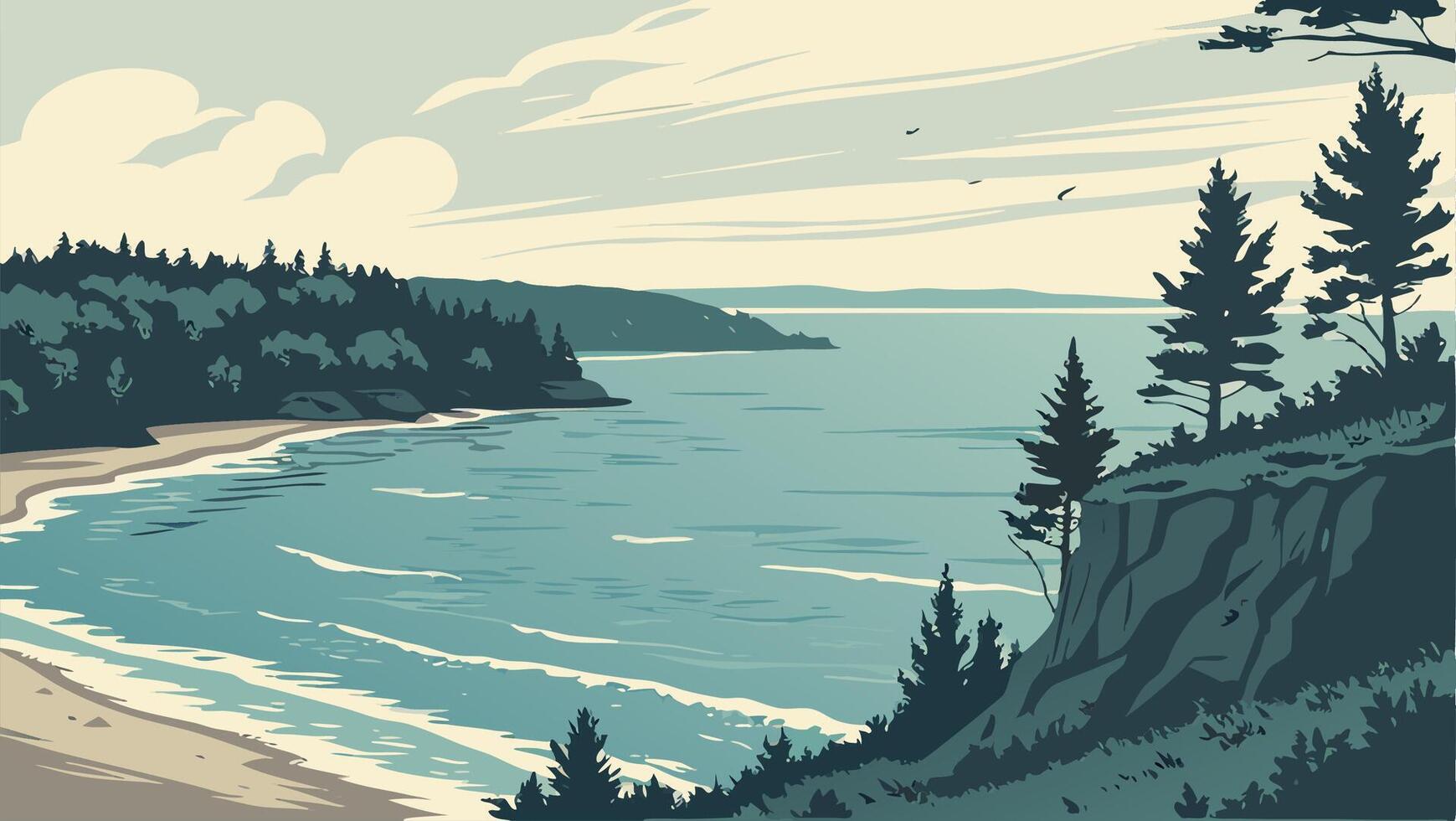 Serene Coastal Landscape Beach, Cliffs, and Ocean View vector