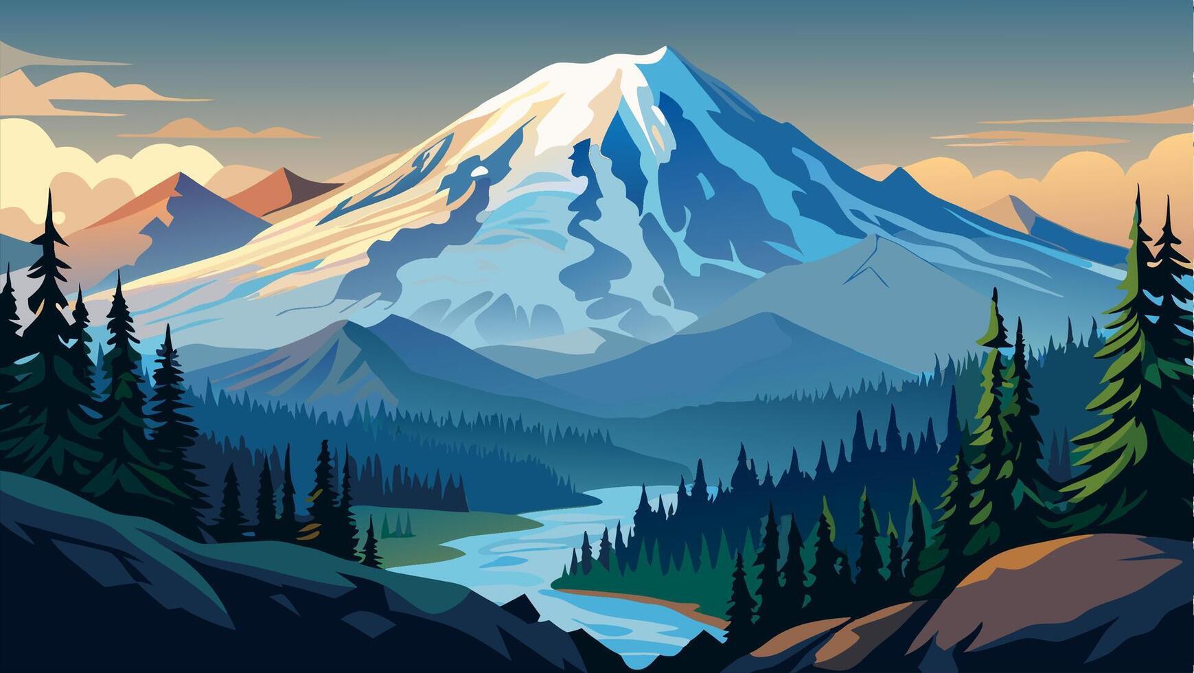 Majestic Mountain Landscape Snow capped Peak, River, and Evergreen Forest vector