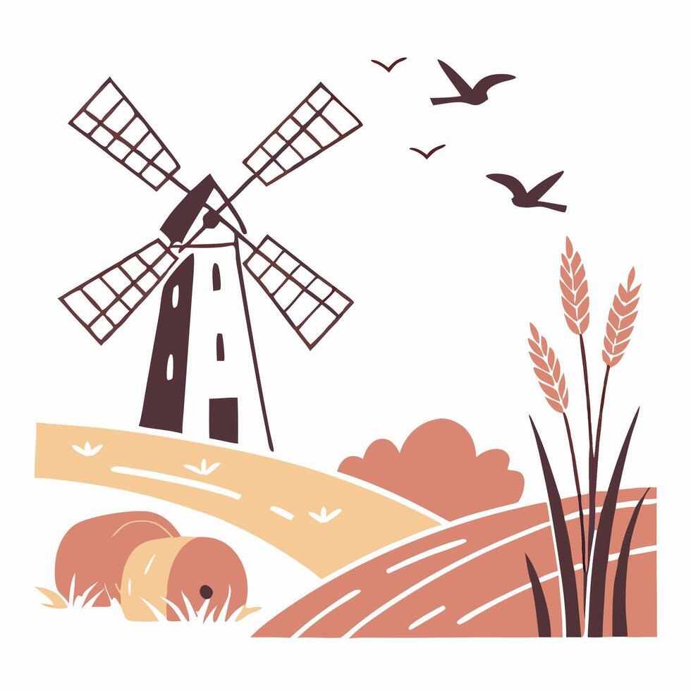 Windmill in Rural Landscape, Hay Bales, Wheat Field vector