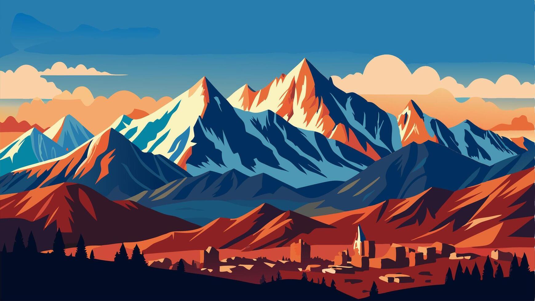 Majestic Snow Capped Mountains Overlooking a Town at Sunset vector