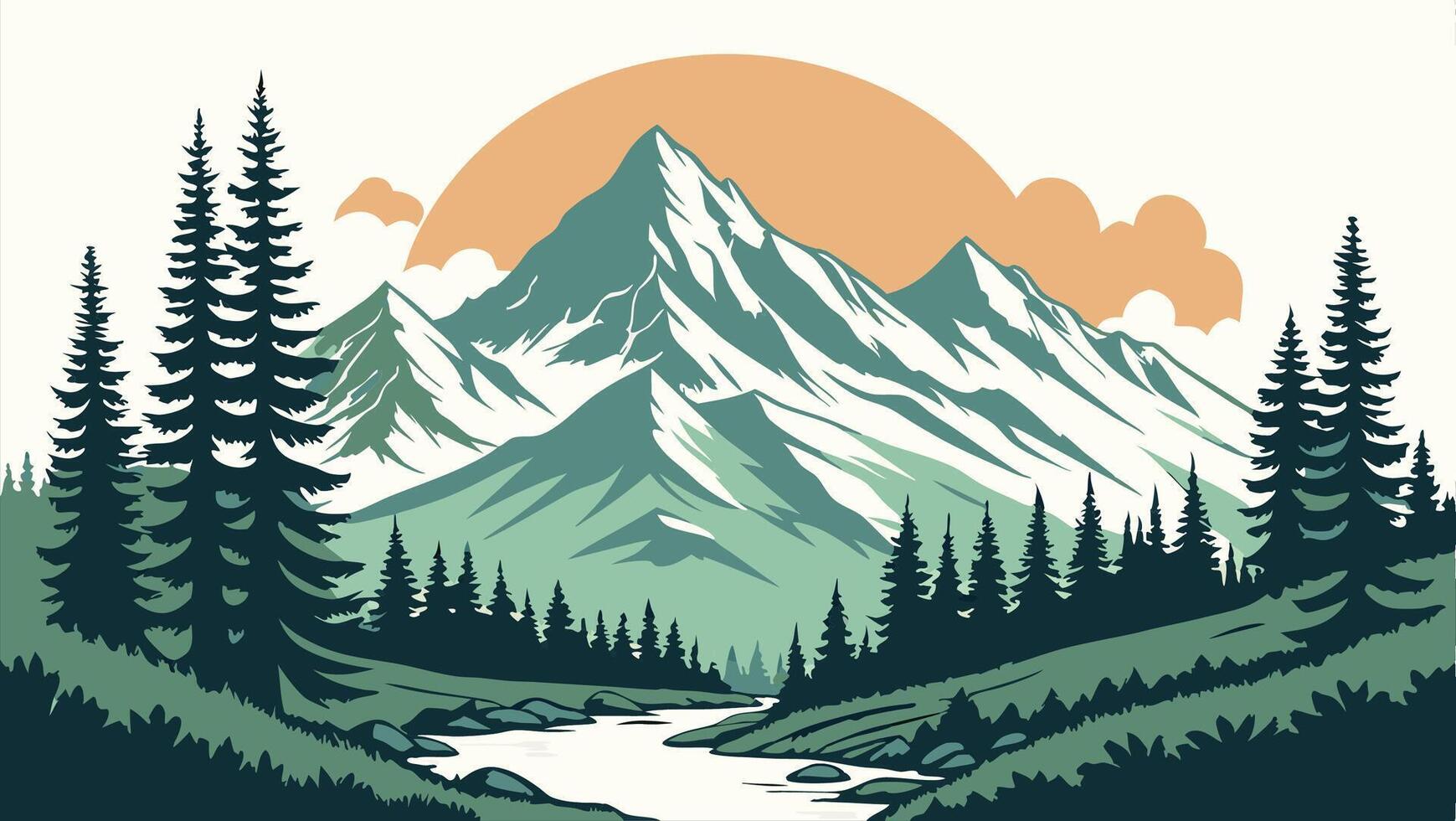Majestic Mountain Landscape with River and Pines at Sunset vector