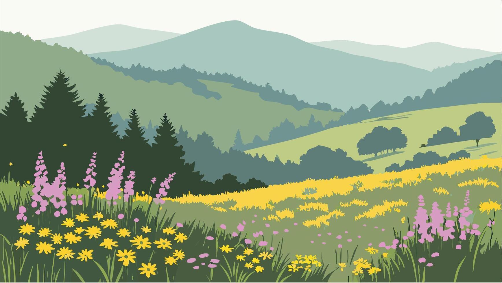 Scenic Spring Meadow Landscape Rolling Hills, Wildflowers and Mountains vector