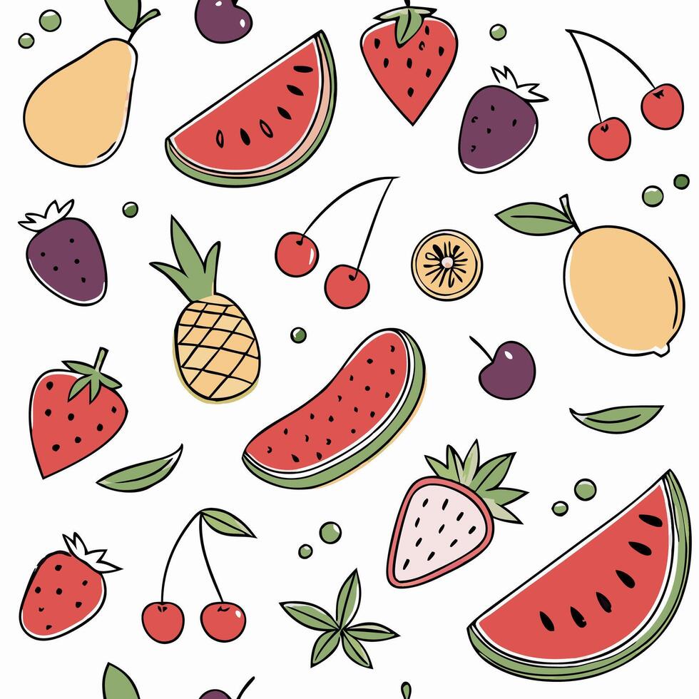 Cute Fruit Pattern Watermelon, Strawberries, Pineapple vector
