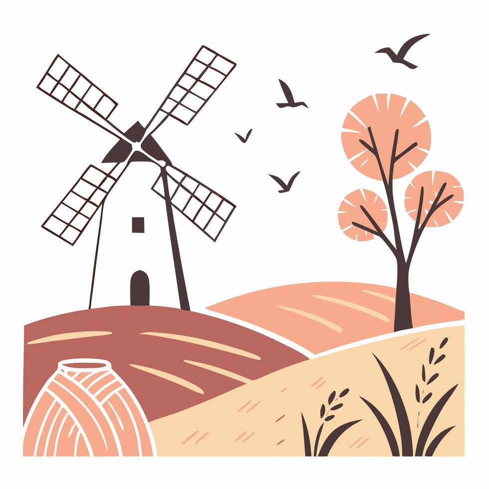 Windmill Landscape Rural Scene with Hay Bale, Trees, and Birds vector