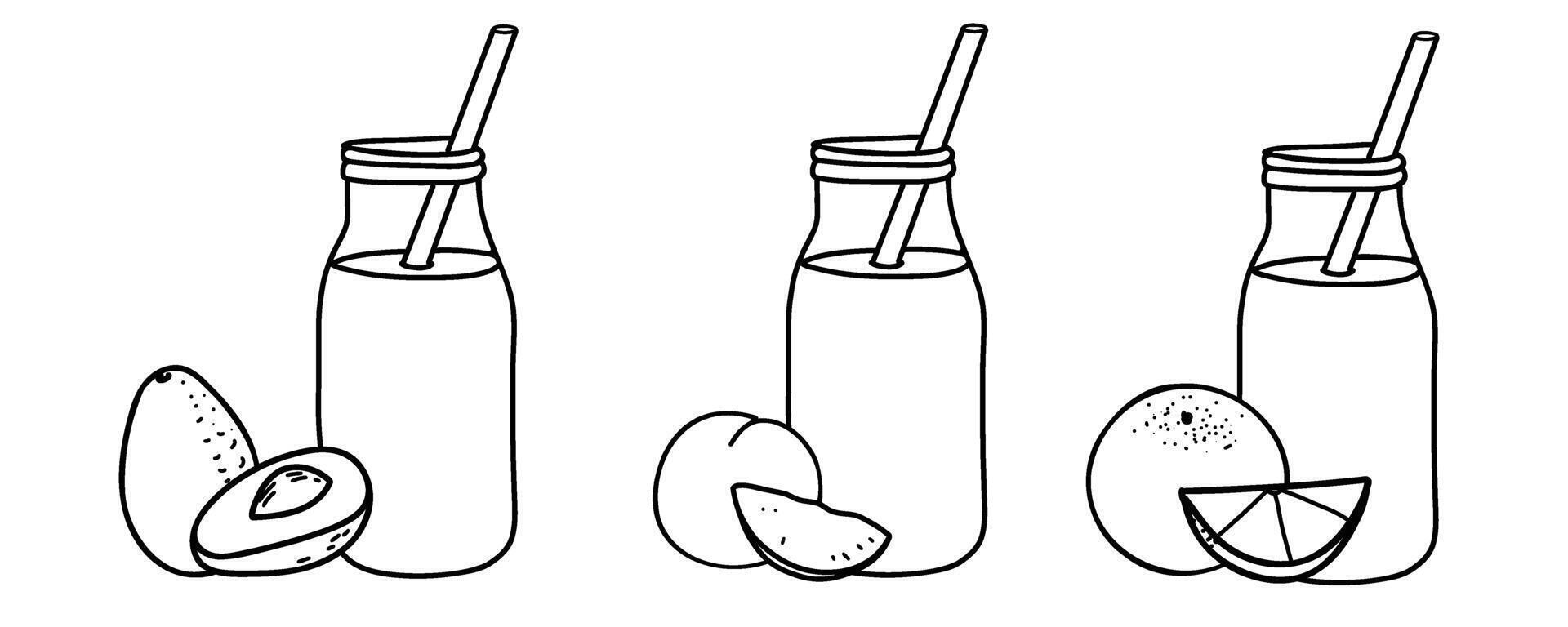 Smoothies Compositions Set. Avocado, Peach, Orange. Detox Cocktail in the bottle with straw. Healthy Drink illustration in Doodle style isolated. Black and white outline drawing. Ideal for vector