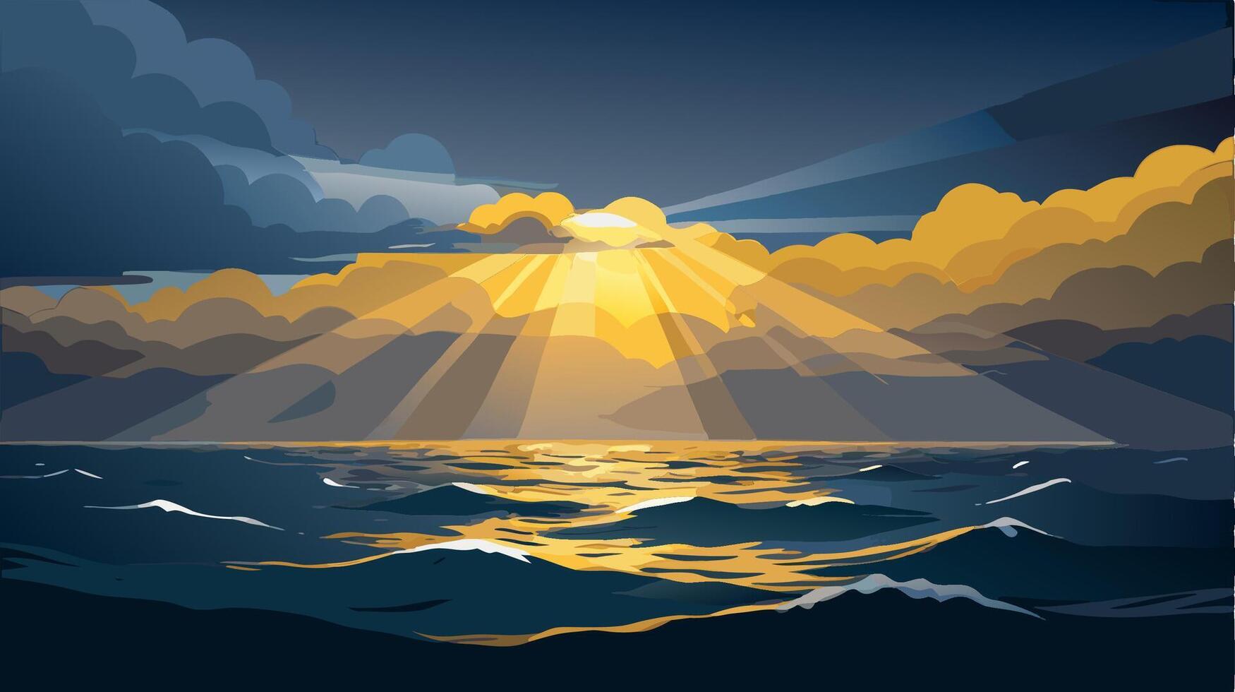Ocean Sunset Dramatic Golden Rays over Waves vector