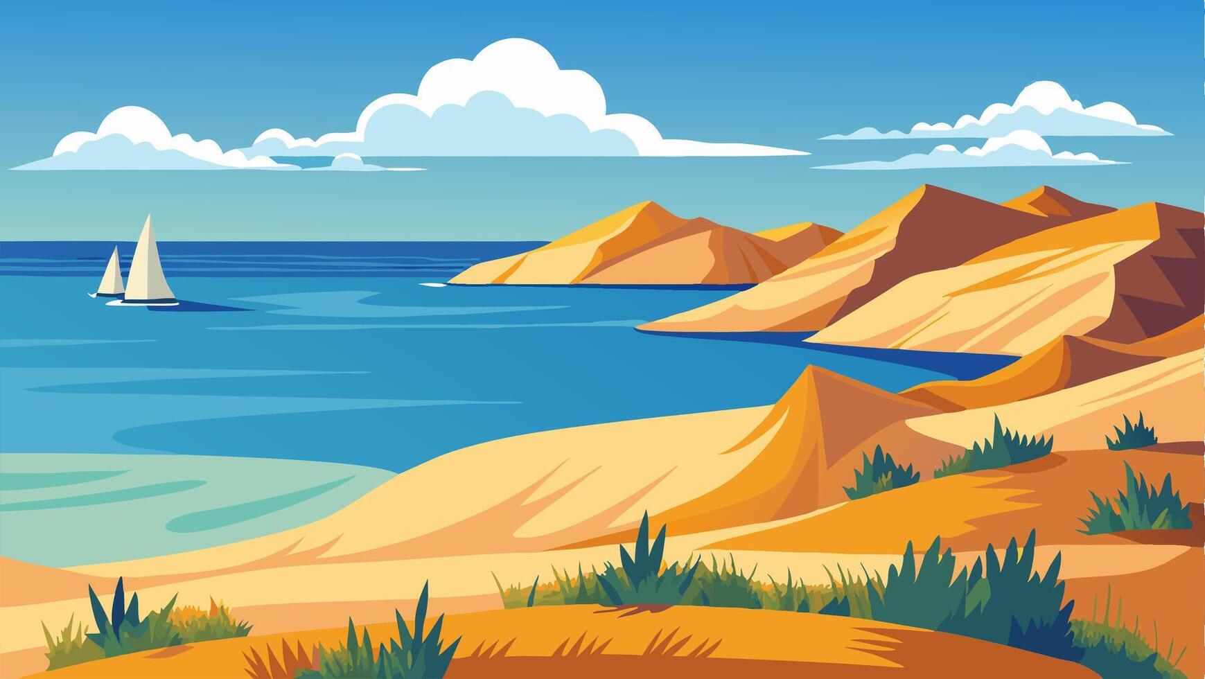 Sailboats on Calm Ocean near Sandy Coastline and Hills vector
