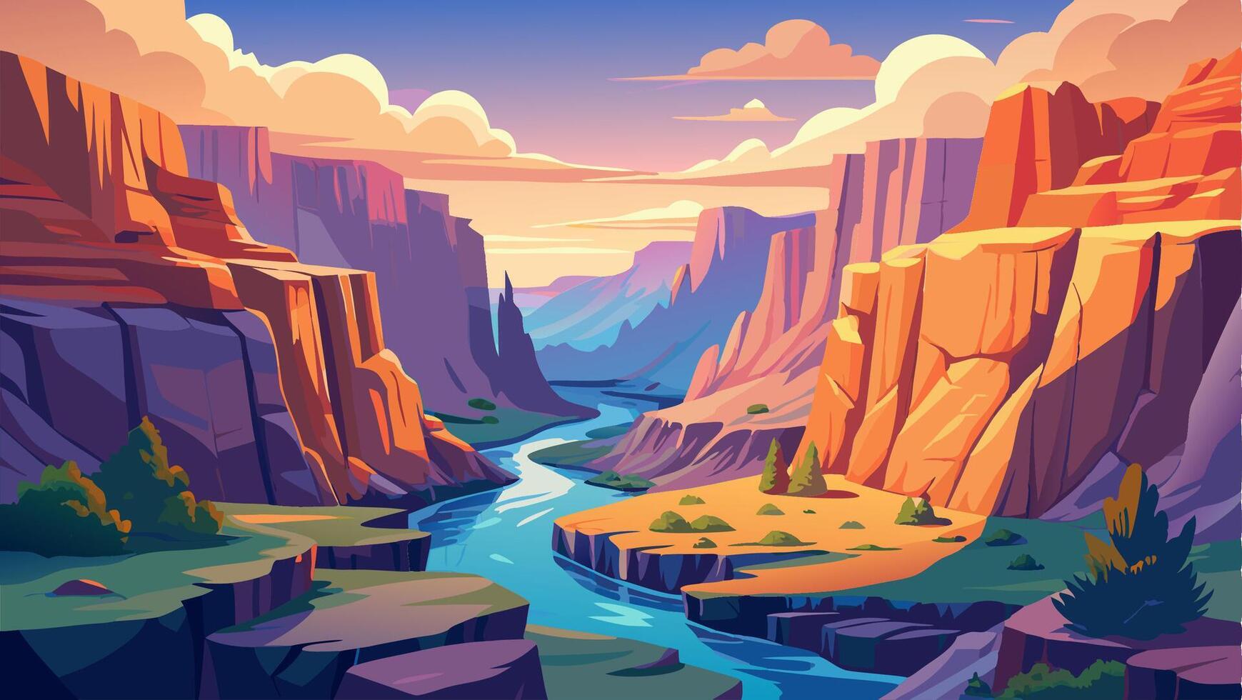 Stunning Sunset View of River Canyon Landscape vector