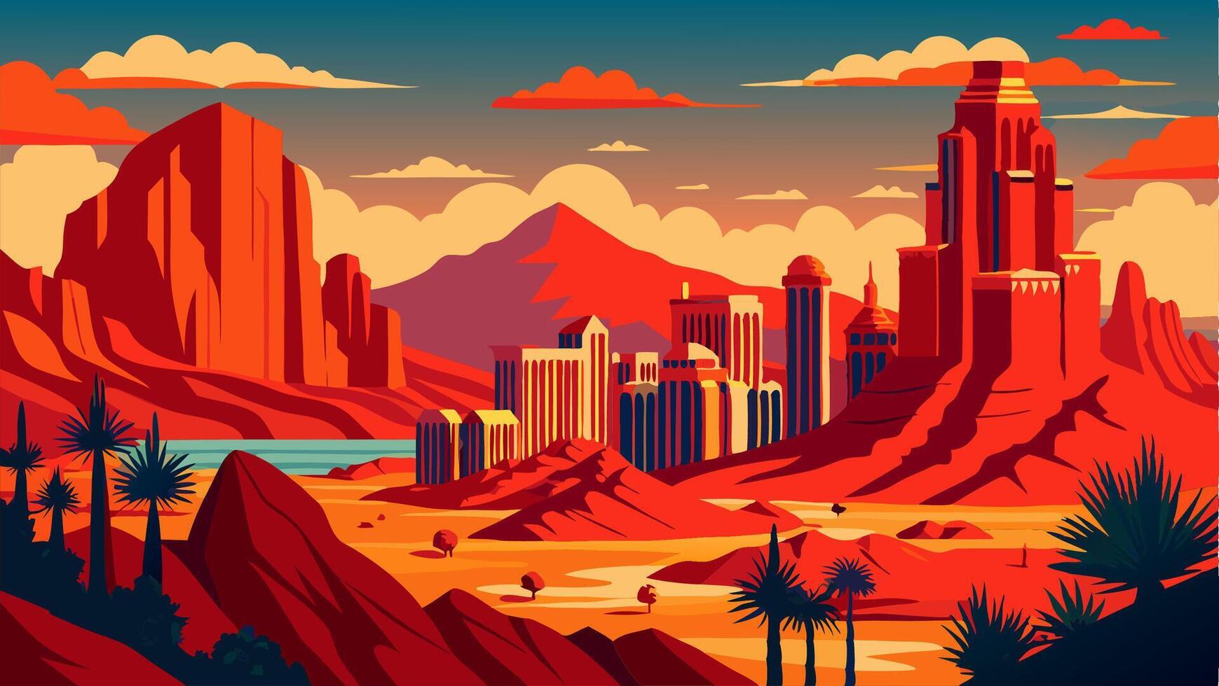 Desert Cityscape Red Rock Mountains and Modern Buildings vector