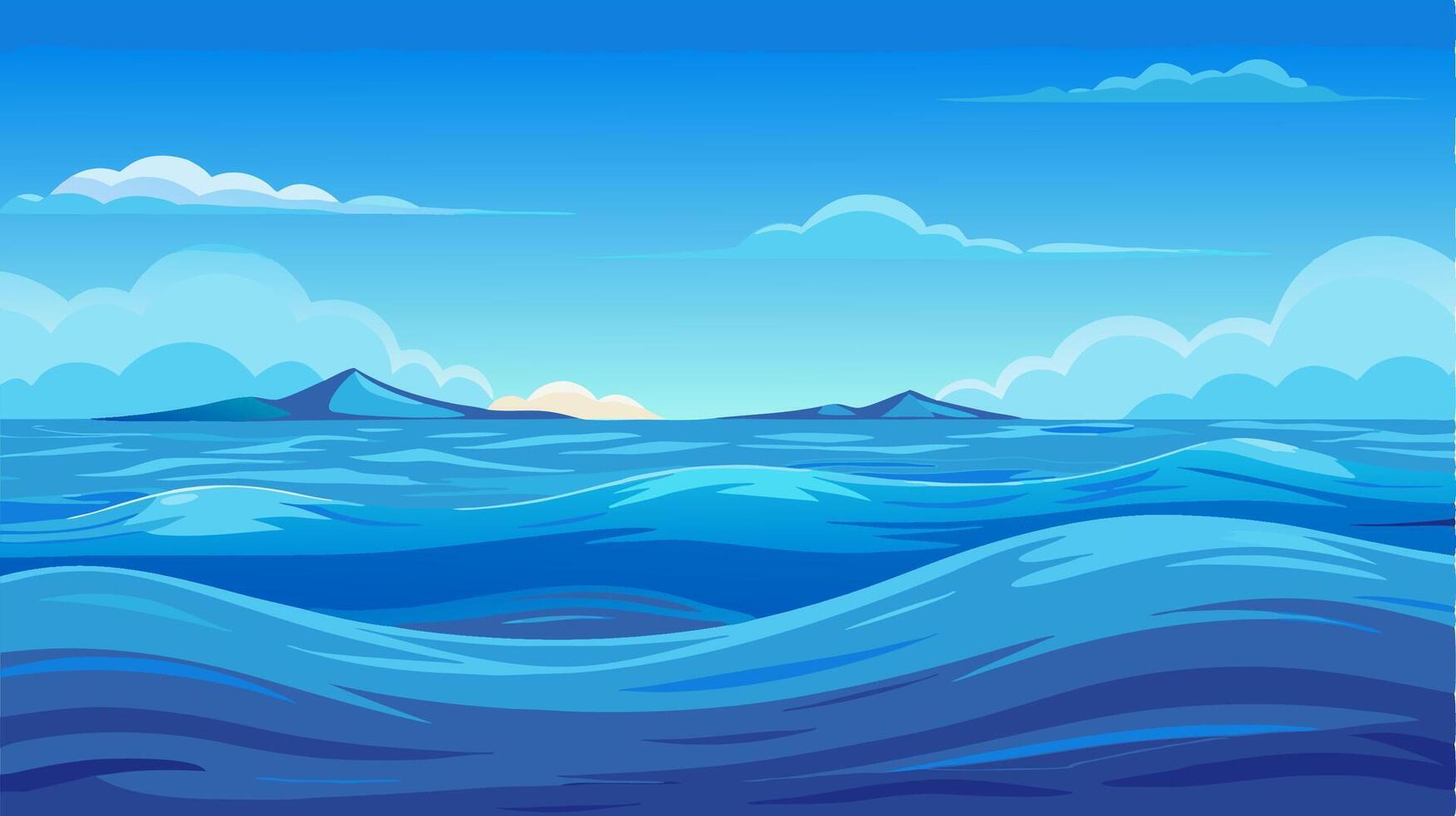 Ocean Waves Landscape Blue Sea, Sky, and Mountains Illustration vector